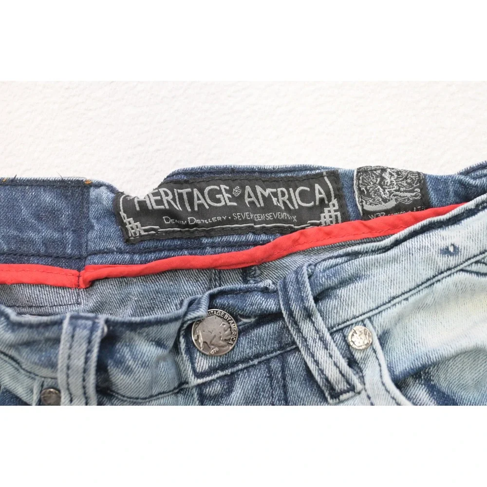 Heritage America Moto Jeans Mens 32x33 Blue Distressed Biker Slim Fit Excellent